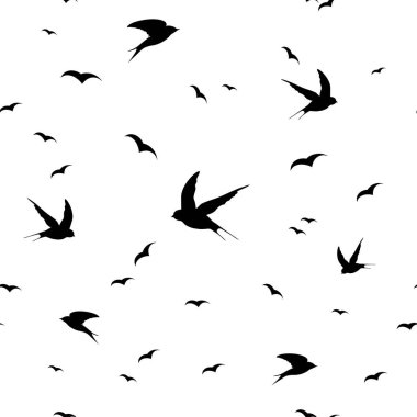 Uçan kuş siluetleriyle kusursuz desen. Beyaz ve şeffaf arkaplan üzerindeki doku.