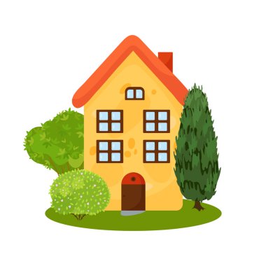 Beyaz arka planda çalıları ve ağaçları olan şirin bir ev çizimi. Kır evi kavramı.