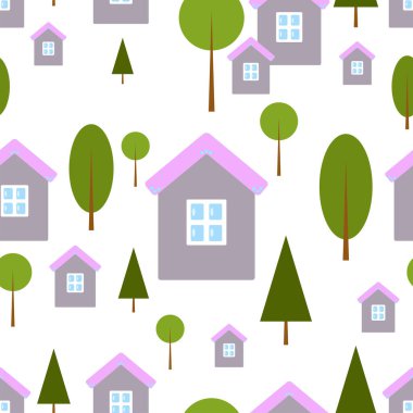 Beyaz ve şeffaf arka planda şirin evleri ve ağaçları olan kusursuz bir desen. İskandinav ev kavramı.