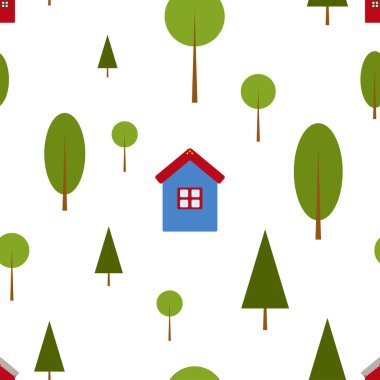 Beyaz ve şeffaf arka planda şirin evleri ve ağaçları olan kusursuz bir desen. İskandinav ev kavramı.