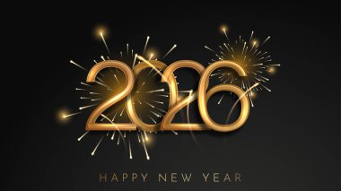 Pırıl pırıl havai fişekler ve karanlık arka planla lüks şenlik tarzında yeni yılı kutlayan zarif bir tipografi. 2026 Yeni Yıl Poster Tasarım Vektörü İllüstrasyonu 