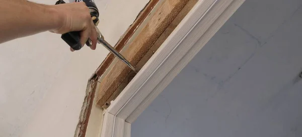 Process Installing Fixing Door Frame Foaming Cracks Gaps Silicone Assembly — Stock Photo, Image