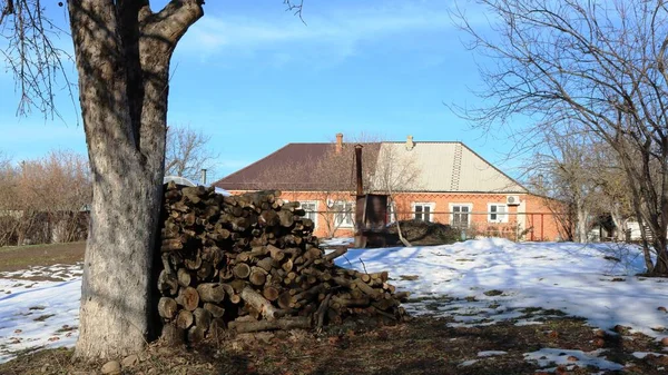 Vue Arrière Cour Une Longue Maison Étage Avec Rondins Ronds — Photo