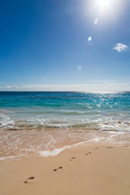 Bermuda adasındaki Idyllic Elbow Sahili 'nde kumların üzerinde ayak izleri var.