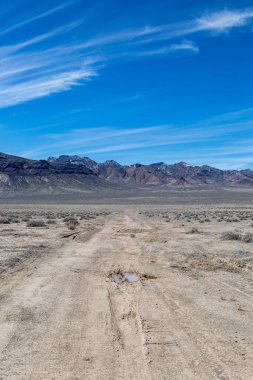 Nevada çölünde asfaltsız bir yol, engebeli dağlar.