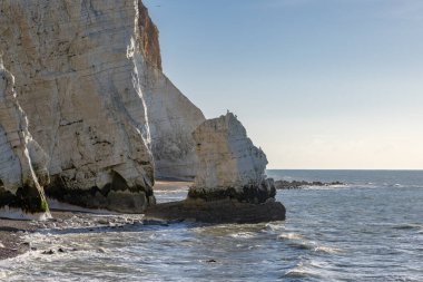 Tebeşir kayalıkları ve deniz yığını, güneşli bir günde Sussex, Seaford 'da.