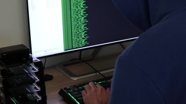Hacker Man Writes Green Code Attack Program Virus Your Computer — Stock Video