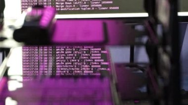 Siyah ekranda hareket eden pembe bilgisayar yazılım kodu cama yansıyor. Raf sunucu tabanı, dinamik metin çalışan ve pc ekranında akan soyut bilgisayar hack 'leme işlemi.
