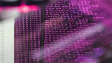 Siyah ekranda hareket eden pembe bilgisayar yazılım kodu cama yansıyor. Raf sunucu tabanı, dinamik metin çalışan ve pc ekranında akan soyut bilgisayar hack 'leme işlemi.