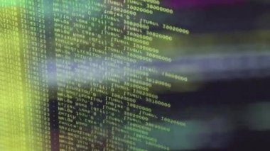 Siyah ekranda hareket eden sarı bilgisayar yazılım kodu cama yansıyor. Raf sunucu tabanı, dinamik metin çalışan ve pc ekranında akan soyut bilgisayar hack 'leme işlemi.