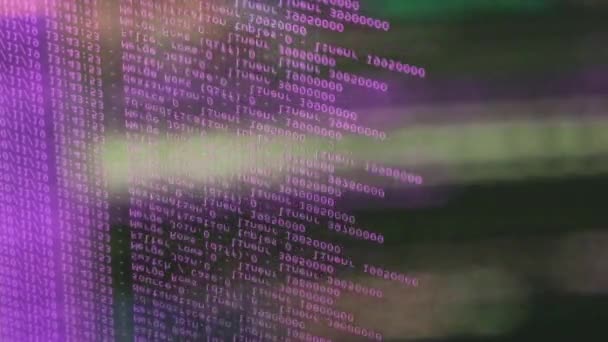 Fialový Počítačový Softwarový Kód Pohybující Černém Monitoru Odrážejícím Skle Abstraktní — Stock video
