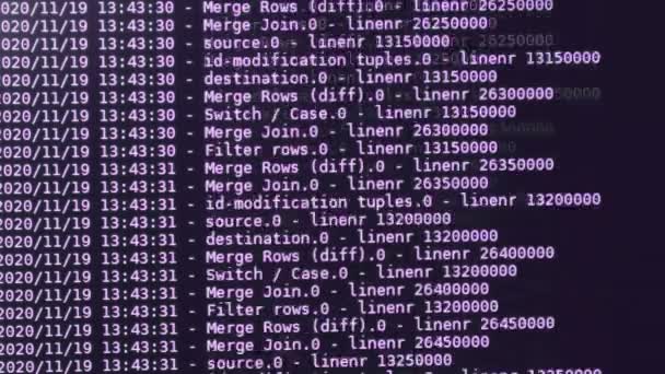 Código Software Computadora Violeta Moviéndose Monitor Negro Hackeo Computadoras Proceso — Vídeo de stock
