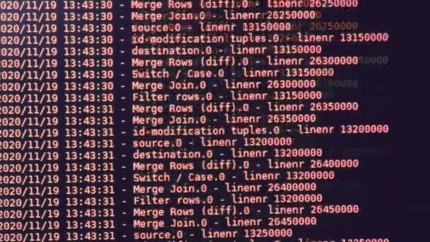 Código Software Naranja Que Mueve Monitor Negro Hackeo Computadoras Proceso — Vídeo de stock