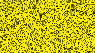 Sarı çizgi film el çizimi hippi çizimleri kusursuz desen çizer. Çizgi çizimleri detaylı, birçok nesne siyah arkaplanlı. Beyaz arka planda siyah. 2d görüntü izole edilmiş arka plan HD.