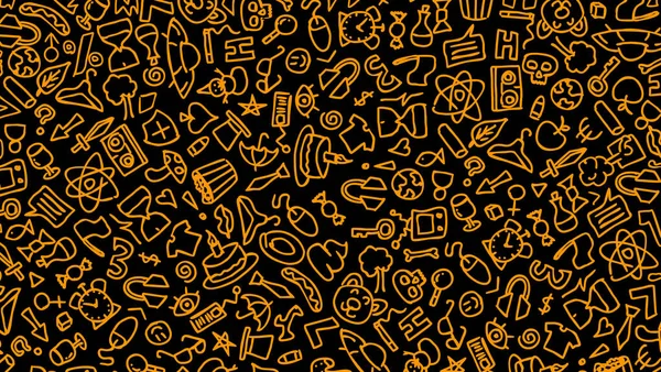 Orange cartoon hand drawn hippie doodles seamless pattern. Line art detailed, with lots of objects black background. black on white background. 2d illustration isolated background HD.