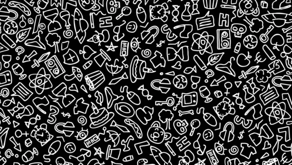 White cartoon hand drawn hippie doodles seamless pattern. Line art detailed, with lots of objects black background. black on white background. 2d illustration isolated background HD.