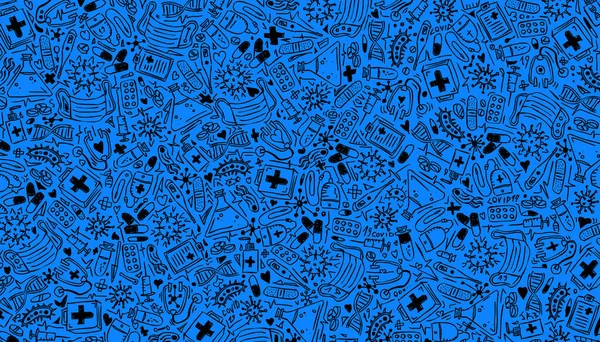 Cuidados Saúde Vírus Medicina Azul Doodle Fundo Covid Ilustração Padrão — Fotografia de Stock