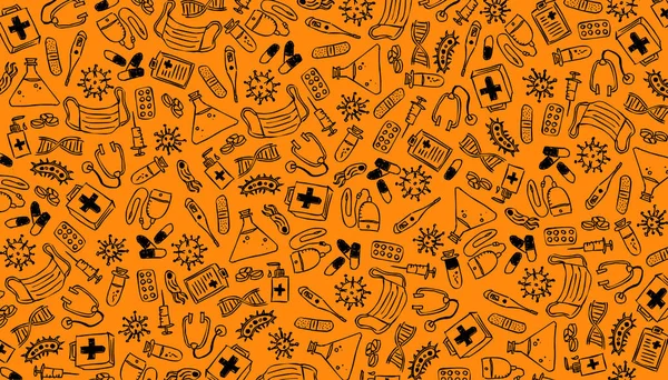 Soins Santé Virus Médicament Fond Doodle Orange Covid Illustration Motif — Photo