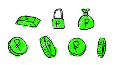El çizimi yeşil iş rublesi sembolleri. Karalama tasarımı tarzında 2d para illüstrasyonu