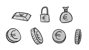Elle çizilmiş gri iş avrosu sembolleri. Karalama tasarımı tarzında 2d para illüstrasyonu