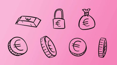 Elle çizilmiş pembe iş dünyası Euro sembolleri. Karalama tasarımı tarzında 2d para illüstrasyonu