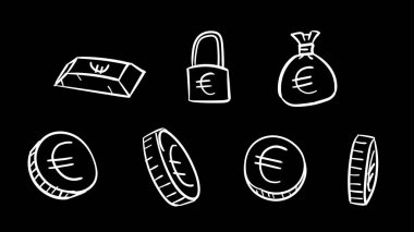 El çizimi siyah iş dünyası avrosu sembolleri. Karalama tasarımı tarzında 2d para illüstrasyonu