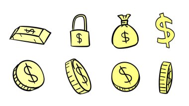 El çizimi sarı iş sembolleri. Karalama tasarımı tarzında 2d para illüstrasyonu