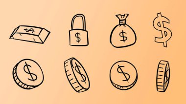 El çizimi turuncu dolar sembolleri. Karalama tasarımı tarzında 2d para illüstrasyonu
