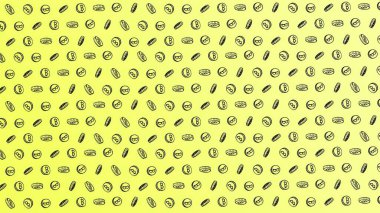 Bitcoin dikişsiz sarı madeni para desenleri. Renk arkaplanına elle çizilmiş karalama simgeleri. Çizgi film 2d.
