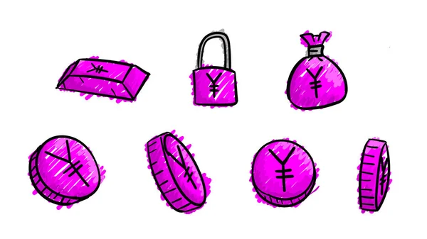 Mano Dibujada Púrpura Yenes Negocios Símbolos Ilustración Dinero Con Estilo — Foto de Stock