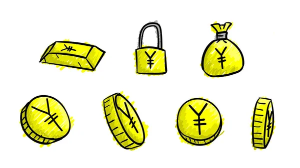 Símbolos Amarillos Dibujados Mano Ilustración Dinero Con Estilo Diseño Garabatos — Foto de Stock