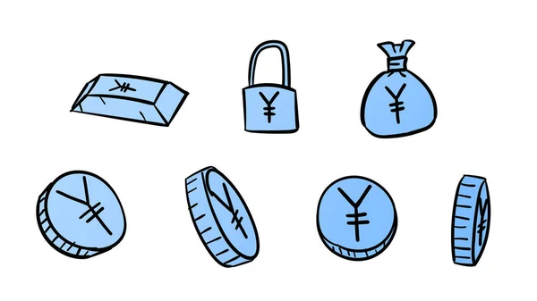 Dessiné Main Bleu Symboles Yen Affaires Illustration Argent Avec Style — Photo