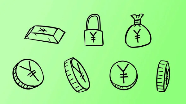 Χειροποίητα Πράσινα Σύμβολα Γιεν Εικονογράφηση Χρήματα Doodle Σχεδιασμό Στυλ — Φωτογραφία Αρχείου