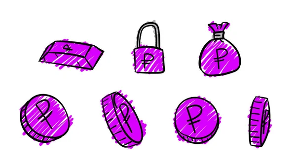 Χειροποίητα Βιολετί Επιχειρηματικά Σύμβολα Ρούβλι Εικονογράφηση Χρήματα Doodle Σχεδιασμό Στυλ — Φωτογραφία Αρχείου
