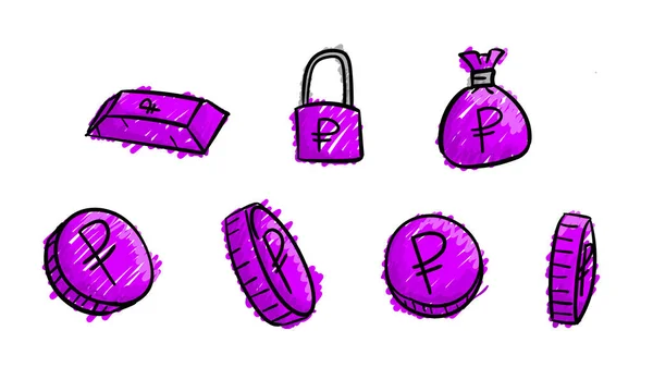 Hand Drawn Violet Business Ruble Symbols Money Illustration Doodle Design — Stock Photo, Image