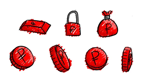 Símbolos Rublo Negócios Vermelhos Desenhados Mão Ilustração Dinheiro Com Estilo — Fotografia de Stock