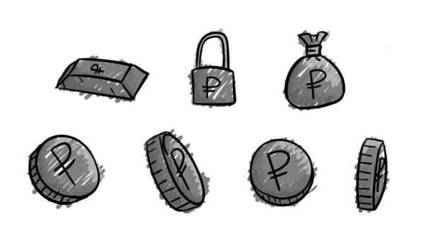 Χειροποίητα Γκρίζα Επιχειρηματικά Σύμβολα Ρούβλια Εικονογράφηση Χρήματα Doodle Σχεδιασμό Στυλ — Φωτογραφία Αρχείου