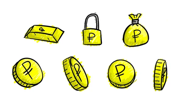 Hand Drawn Yellow Business Ruble Symbols Money Illustration Doodle Design — Stock Photo, Image