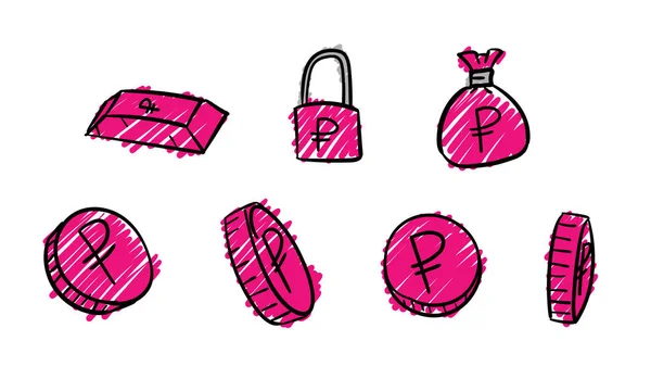 Handgezeichnete Rosafarbene Rubel Symbole Geld Illustration Mit Doodle Design Stil — Stockfoto