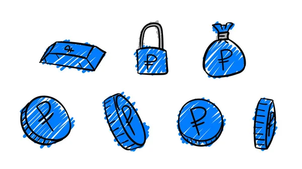 Handgezeichnete Blaue Geschäftsrubel Symbole Geld Illustration Mit Doodle Design Stil — Stockfoto