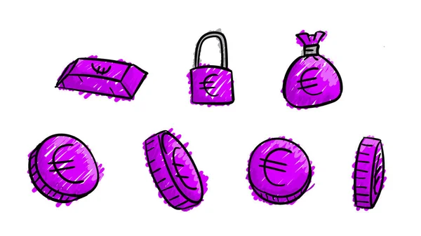 Symboles Euros Violets Dessinés Main Illustration Argent Avec Style Conception — Photo
