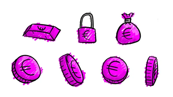Χειροποίητα Μωβ Επαγγελματικά Σύμβολα Ευρώ Εικονογράφηση Χρήματα Doodle Σχεδιασμό Στυλ — Φωτογραφία Αρχείου
