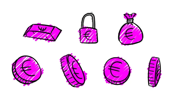 Simboli Euro Business Viola Disegnati Mano Illustrazione Denaro Con Stile — Foto Stock
