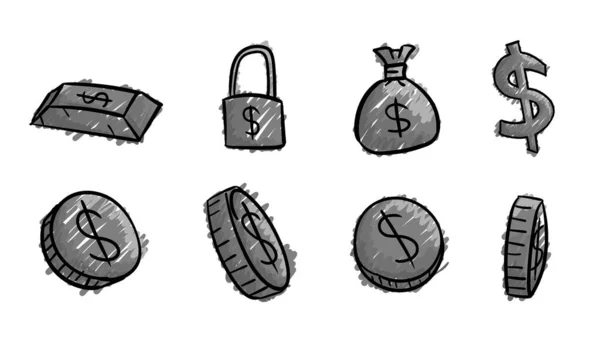 手绘灰色商业美元符号 带涂鸦设计风格的2D货币插图 — 图库照片