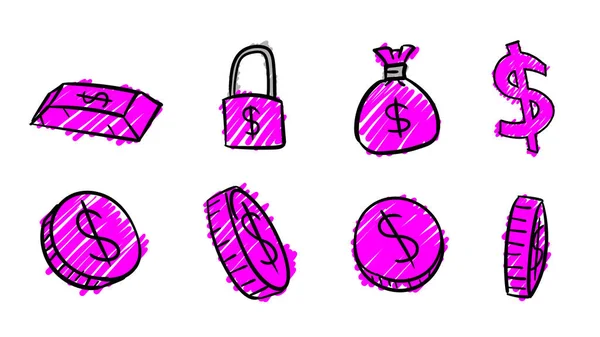 Ručně Kreslené Fialové Symboly Obchodního Dolaru Peněžní Ilustrace Stylem Čmáranice — Stock fotografie