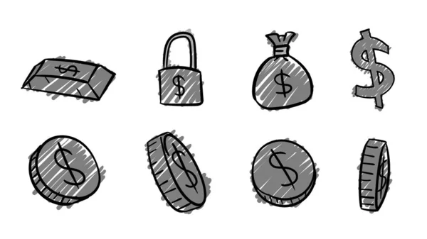 手绘灰色商业美元符号 带涂鸦设计风格的2D货币插图 — 图库照片