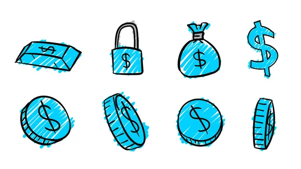 手绘蓝色商务美元符号 带涂鸦设计风格的2D货币插图 — 图库照片