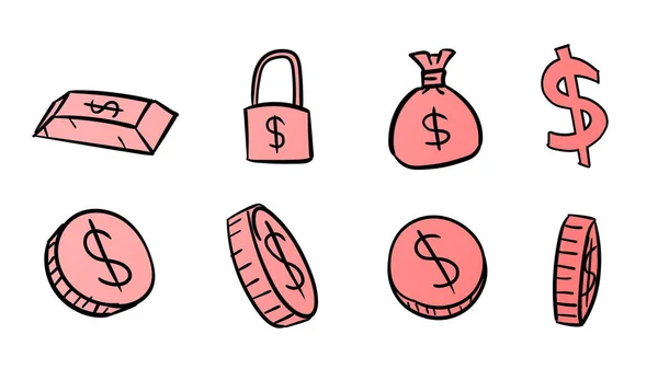 Símbolos Rojos Dibujados Mano Ilustración Dinero Con Estilo Diseño Garabatos — Foto de Stock