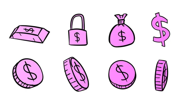Símbolos Dólares Negócios Roxos Desenhados Mão Ilustração Dinheiro Com Estilo — Fotografia de Stock