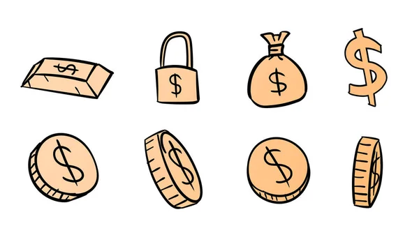 手绘橙色商务美元符号 带涂鸦设计风格的2D货币插图 — 图库照片